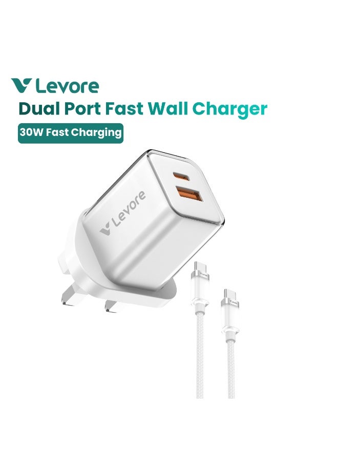 ليفور شاحن حائط ليفور GaN بقوة 30 واط مع منفذين وكابل USB-C إلى USB-C – LGW132-WH - Image 1